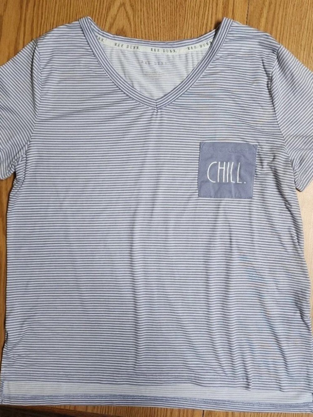 Rae Dunn Womens Night Shirt Blue & White Strips With "Chill" Pocket Sz L